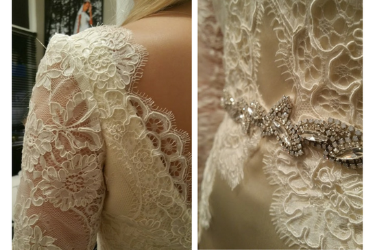 Bride wearing redesigned 1980s heirloom wedding dress by OM Bridal London