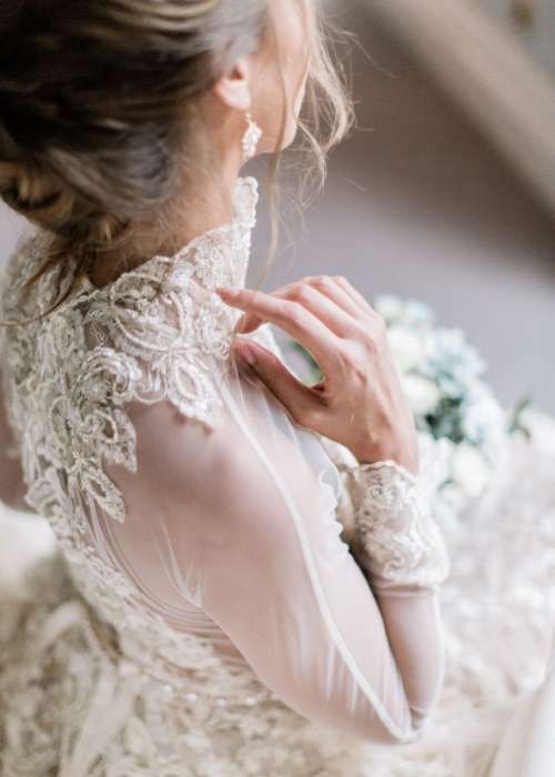 Bride wearing a bespoke wedding dresses London champagne wedding dress,