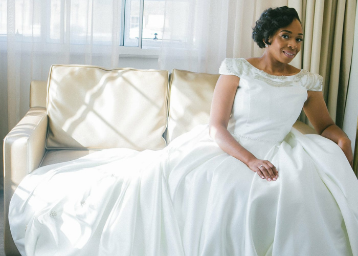 Bride wearing a couture designer wedding dress