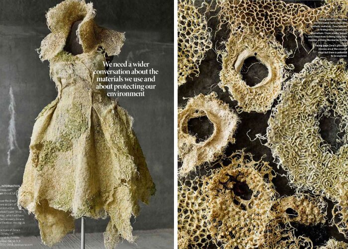 recycled  decomposed materials  reconstructed as a dress on a mannequin