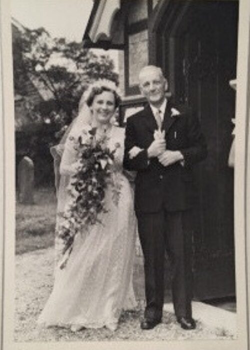 Amy's grandmothers wedding dress on her wedding day in 1949
