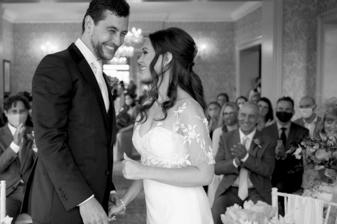 bride and groom portrait showcasing corrected gown proportion