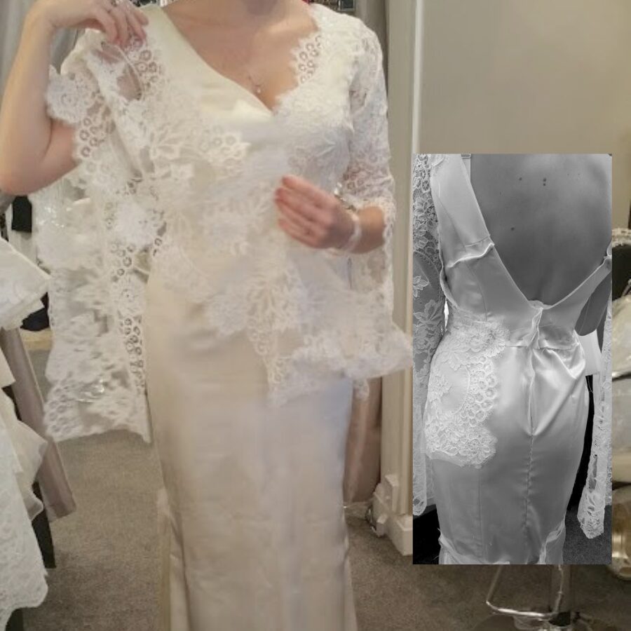 Modern draped bodice created from vintage wedding dress fabric
